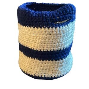 Crochet Handle Basket Navy Cream Block Stripe Handmade Handcrafted Yarn BIG NEW